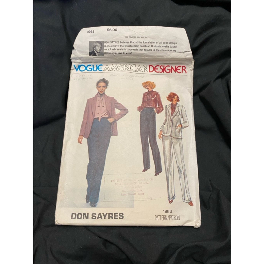 Vogue American Designer Women's Sewing Pattern 1963 Jacket and Pants Size 16